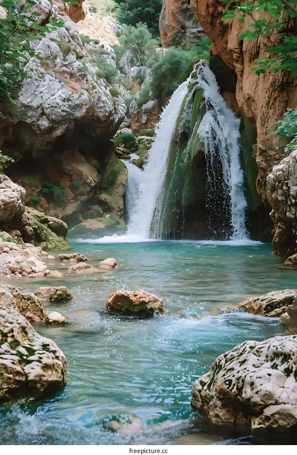 Waterfall Flowing Through Rocks in a Canyon