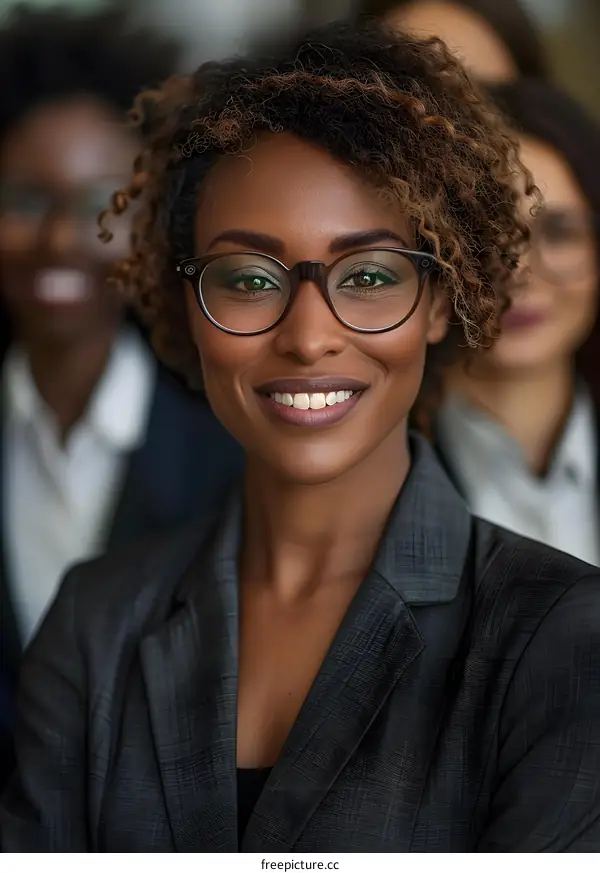 portrait of a young businesswoman smiling wearing glasses