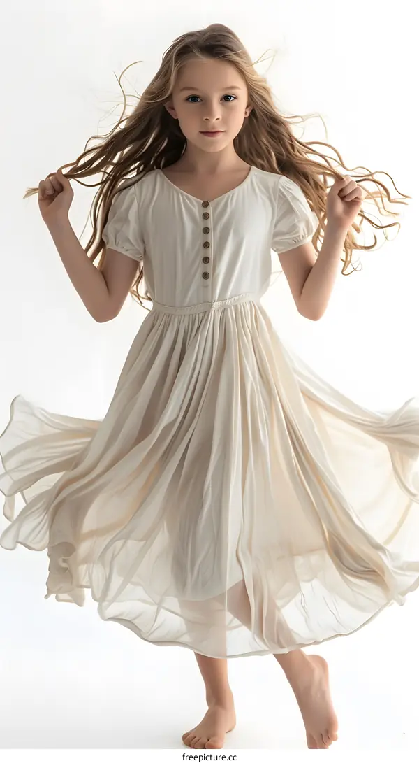 Little girl in a beautiful dress is dancing happily