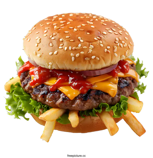 [Transparent Background PNG]Delicious Cheeseburger with French Fries