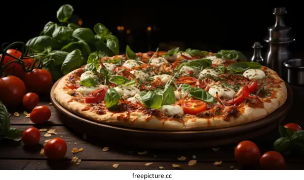 A delicious pizza with fresh basil and tomatoes