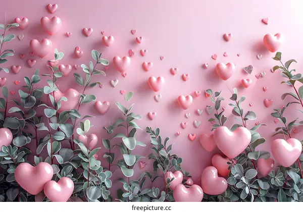 Pink heart-shaped balloons floating in a lush green foliage