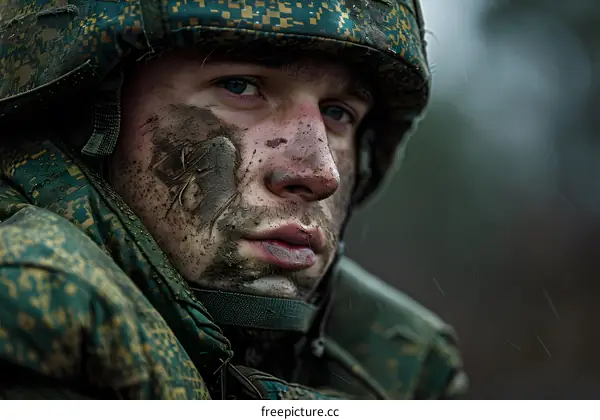 Close Up Portrait of a Soldier Covered in Mud During Rain