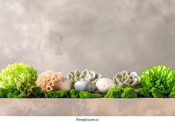 Succulents and Stones on Concrete Background