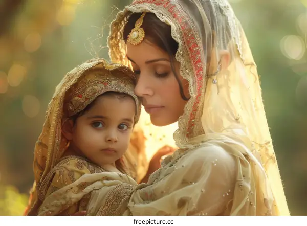 A Mother and Child in Traditional Indian Attire
