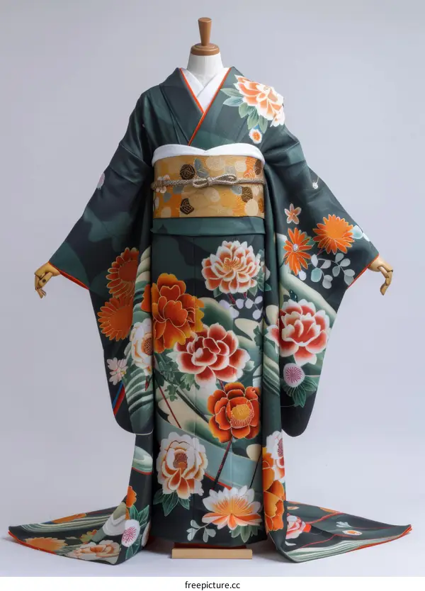 A woman wearing a green kimono with orange and red floral patterns