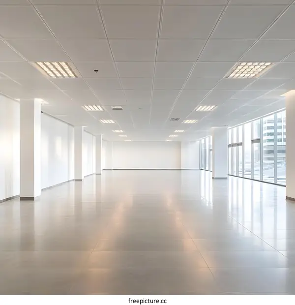 Empty Modern Office Space with White Walls and Floor to Ceiling Windows