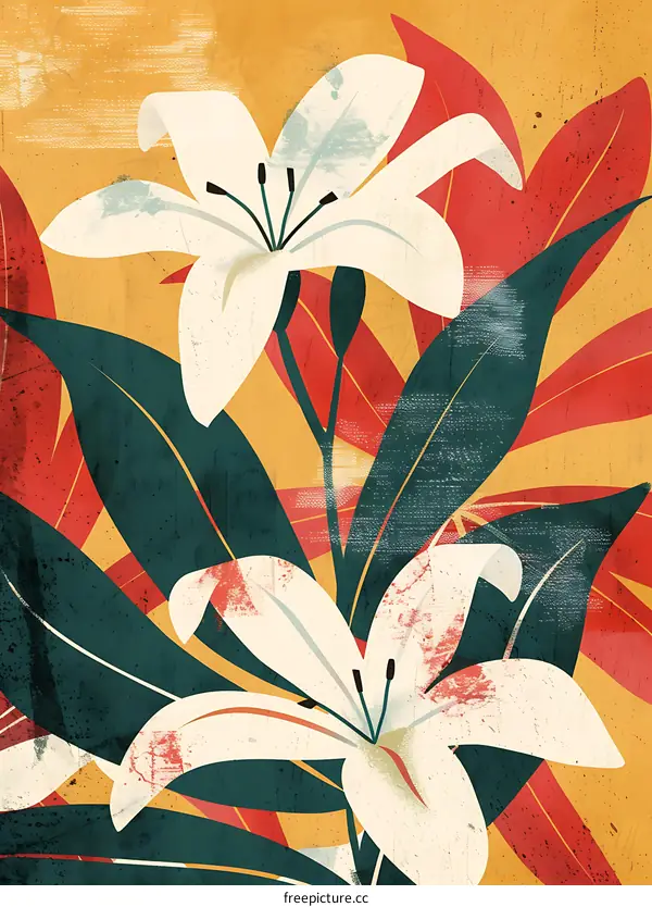 Abstract Floral Illustration with White Lilies and Red and Green Leaves
