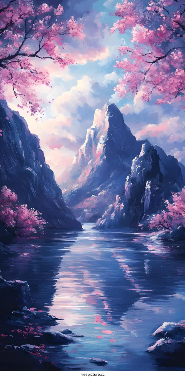 Mountain Lake with Pink Blossoms