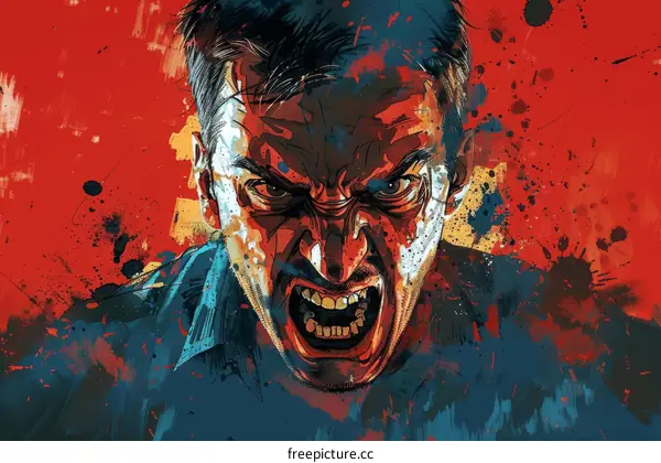 A man with a red background and a face full of anger