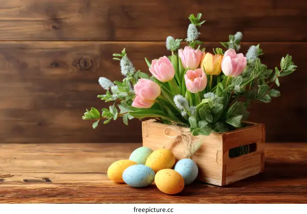 Easter Floral Arrangement in Wooden Crate