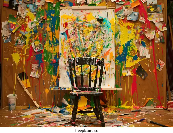 Abstract Art Studio with Chair and Paint Splatter