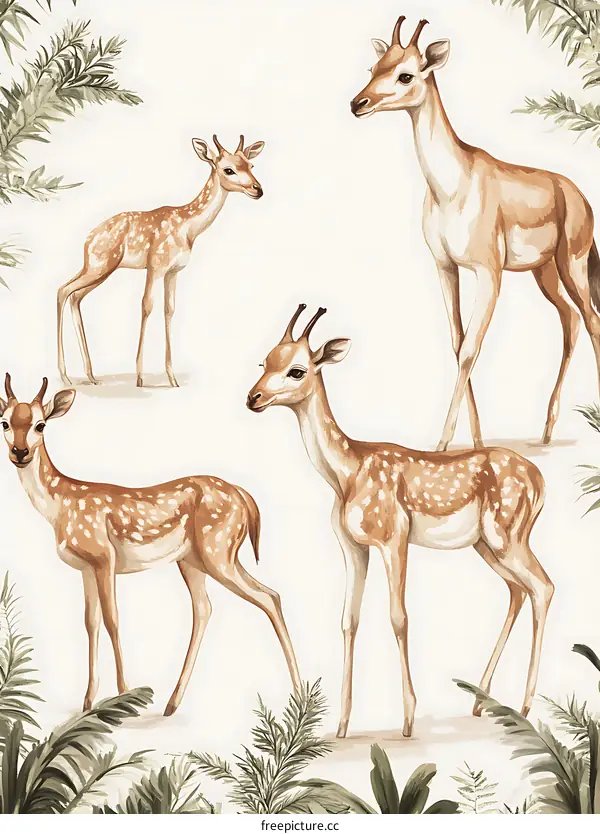 Watercolor Illustration of Four Deers in a Green Forest