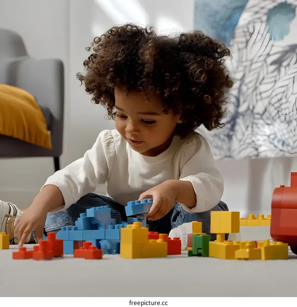 African American Girl Playing With Building Blocks