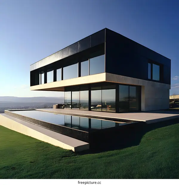Modern Black House with Infinity Pool and Mountain View