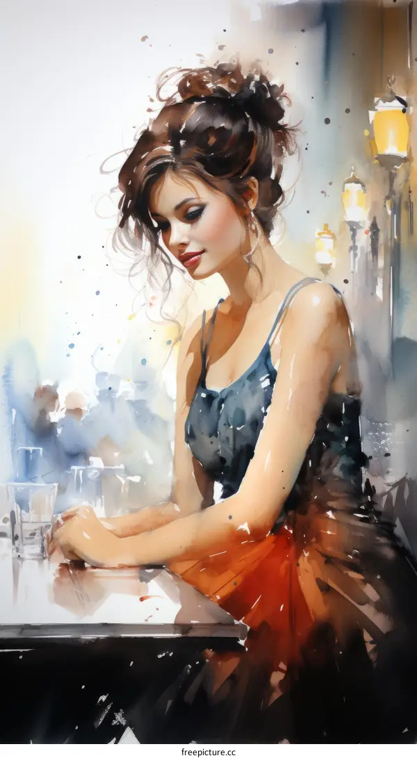 Watercolor Portrait of a Woman in a Blue Dress at a Bar