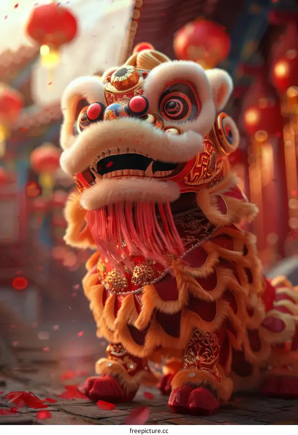 Traditional Chinese New Year Lion Dance Costume in Red and Gold