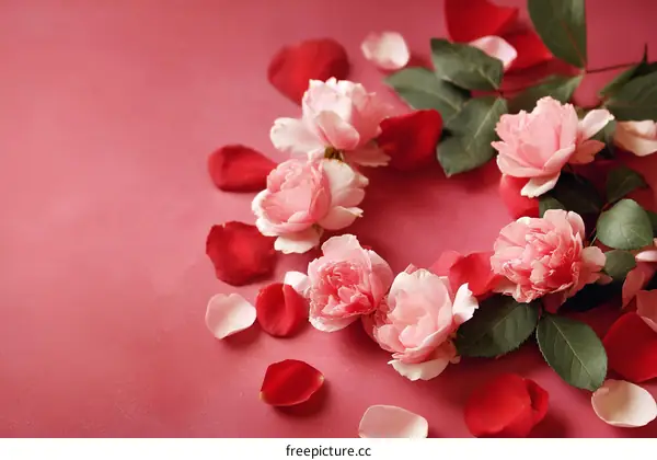Romantic Rose Petals Arrangement on a Pink Background