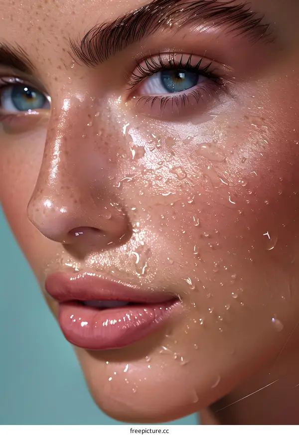 Close Up of Wet Female Face with Water Droplets