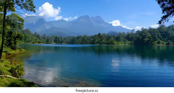 Tropical rainforest with blue lake and mountain landscape