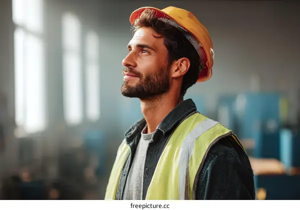 Caucasian construction worker in a warehouse