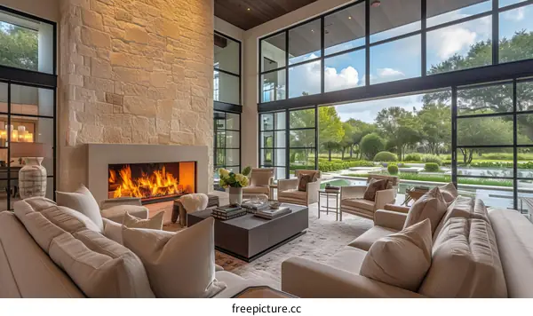 Modern living room interior design with fireplace, large windows and comfortable sofas