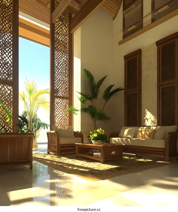 Tropical Living Room with Wooden Furniture and Palm Trees