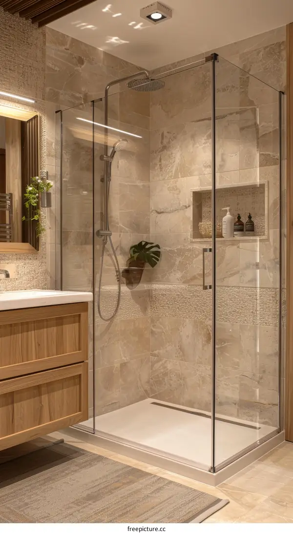 Modern Glass Enclosed Shower in a Light Beige Bathroom