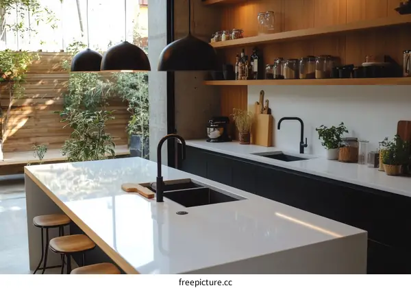 Modern Kitchen with White Countertop and Dark Cabinets