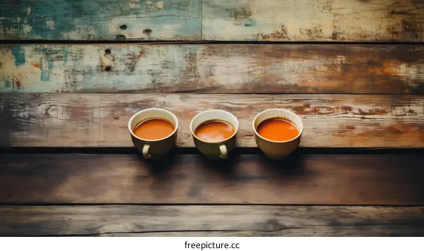 Three cups of coffee on a wooden table