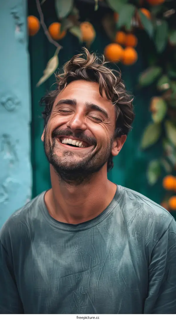 Smiling Man Outdoors with Fruits