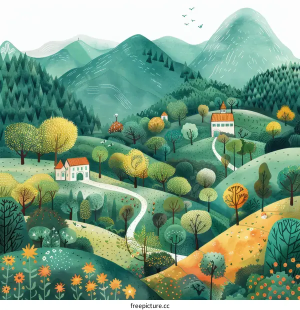 Colorful rolling hills landscape illustration