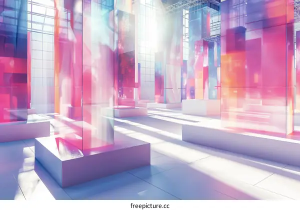 Modern Hallway with Pink and Purple Glass Pillars