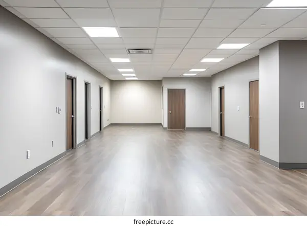 Empty Office Hallway With Doors And Wood Floor