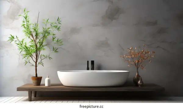 Bathroom interior with bathtub, plants and wooden shelf