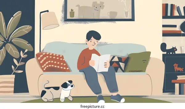 Man Reading a Book on a Couch with a Dog