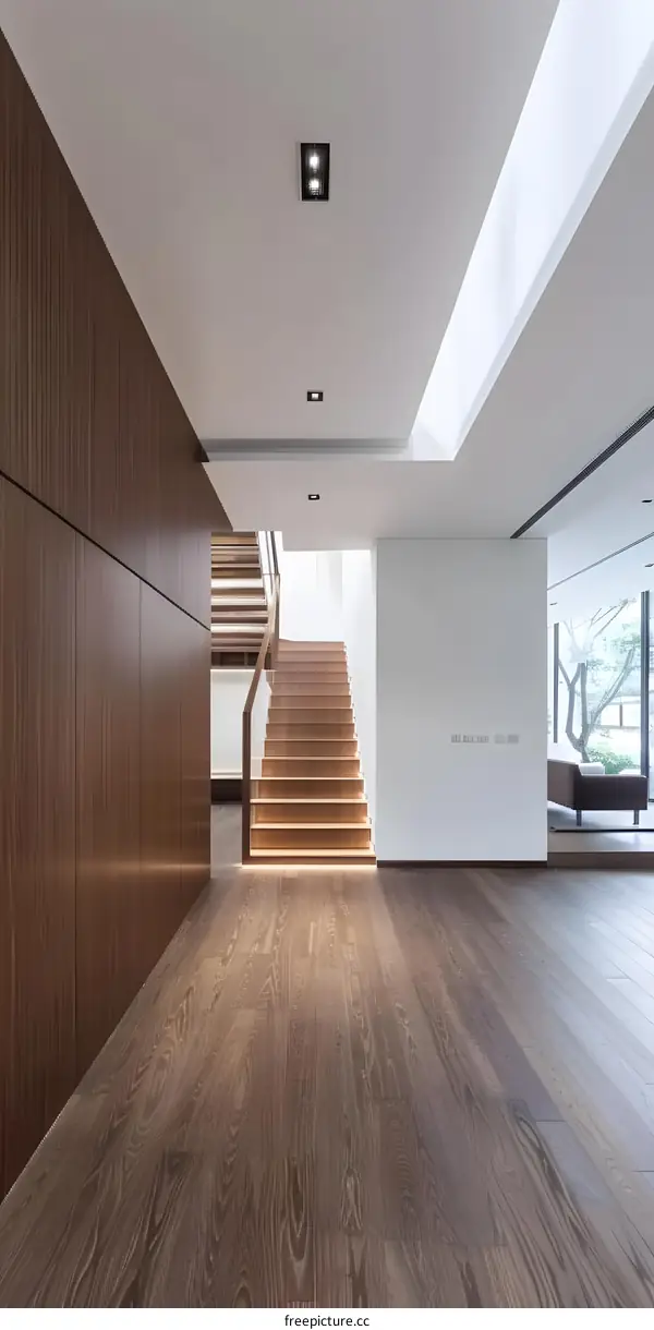 Modern Minimalist Interior Design with Wooden Stairs and Hardwood Floor