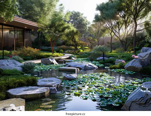 A Beautiful Garden with a Pond, Lush Trees, and Vibrant Flowers