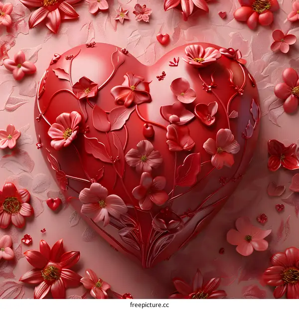 A 3D rendering of a red heart made of flowers.