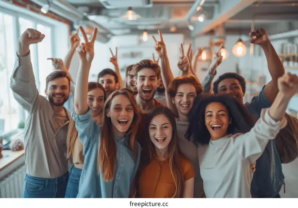 A group of diverse young people are celebrating with their arms in the air.