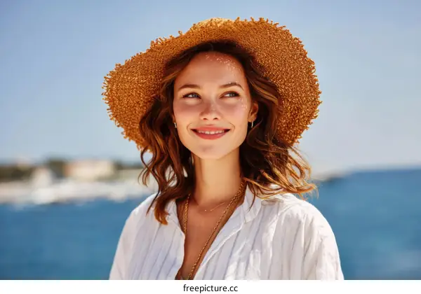 Woman Wearing Straw Hat by the Sea