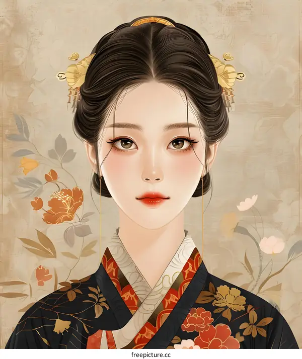 A digital painting of a young woman in a traditional Korean hanbok