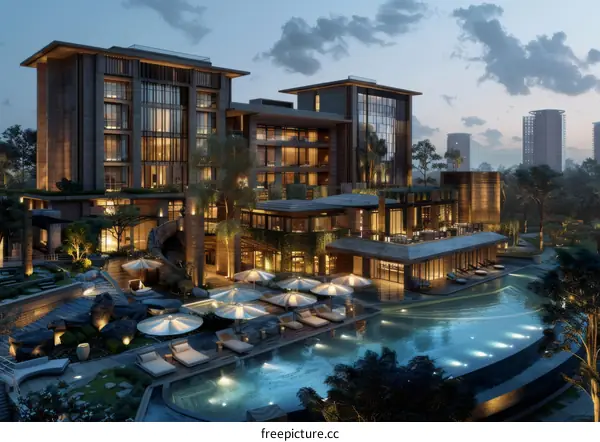 A luxury hotel nestled at the base of mountains