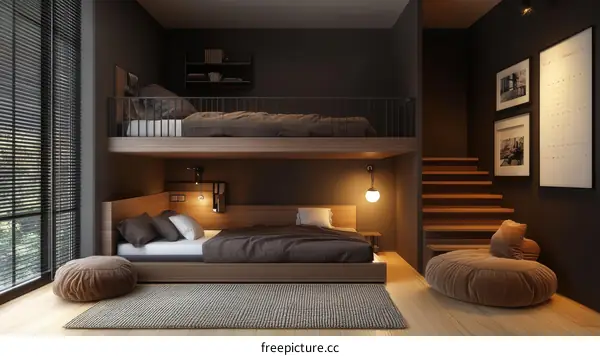 Modern Minimalist Loft Bedroom Design Illustration