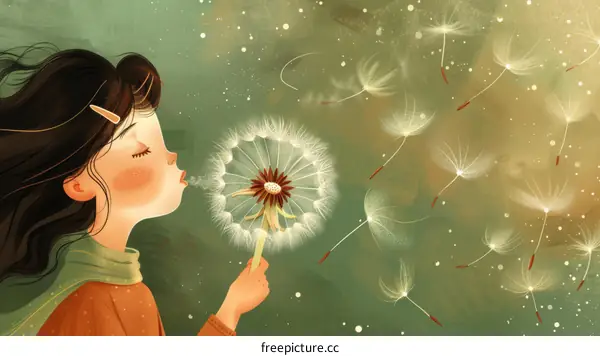 Little girl blowing dandelion seeds in the wind