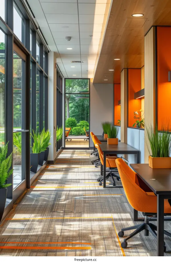 Modern office space with large windows and orange accents