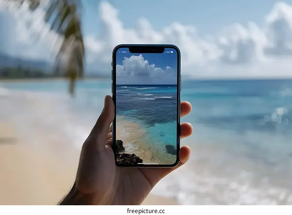 Hand Holding Phone with Beach Picture