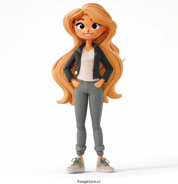 A 3D rendering of a young woman with long blond hair, blue eyes, and freckles