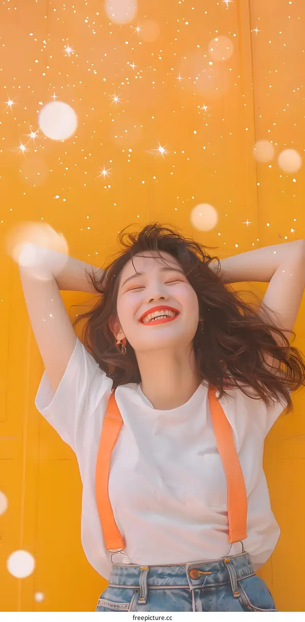 Smiling Woman With Orange Suspenders Against Yellow Wall