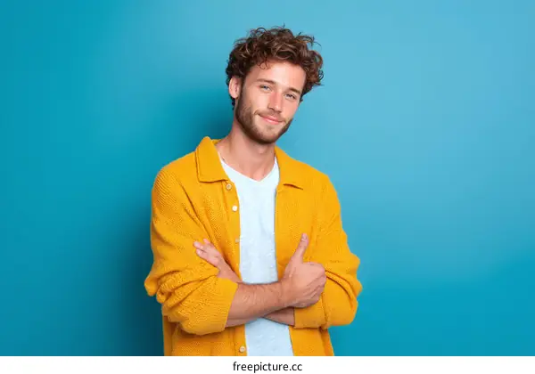 Stylish Caucasian Man in Yellow Cardigan Against Blue Background